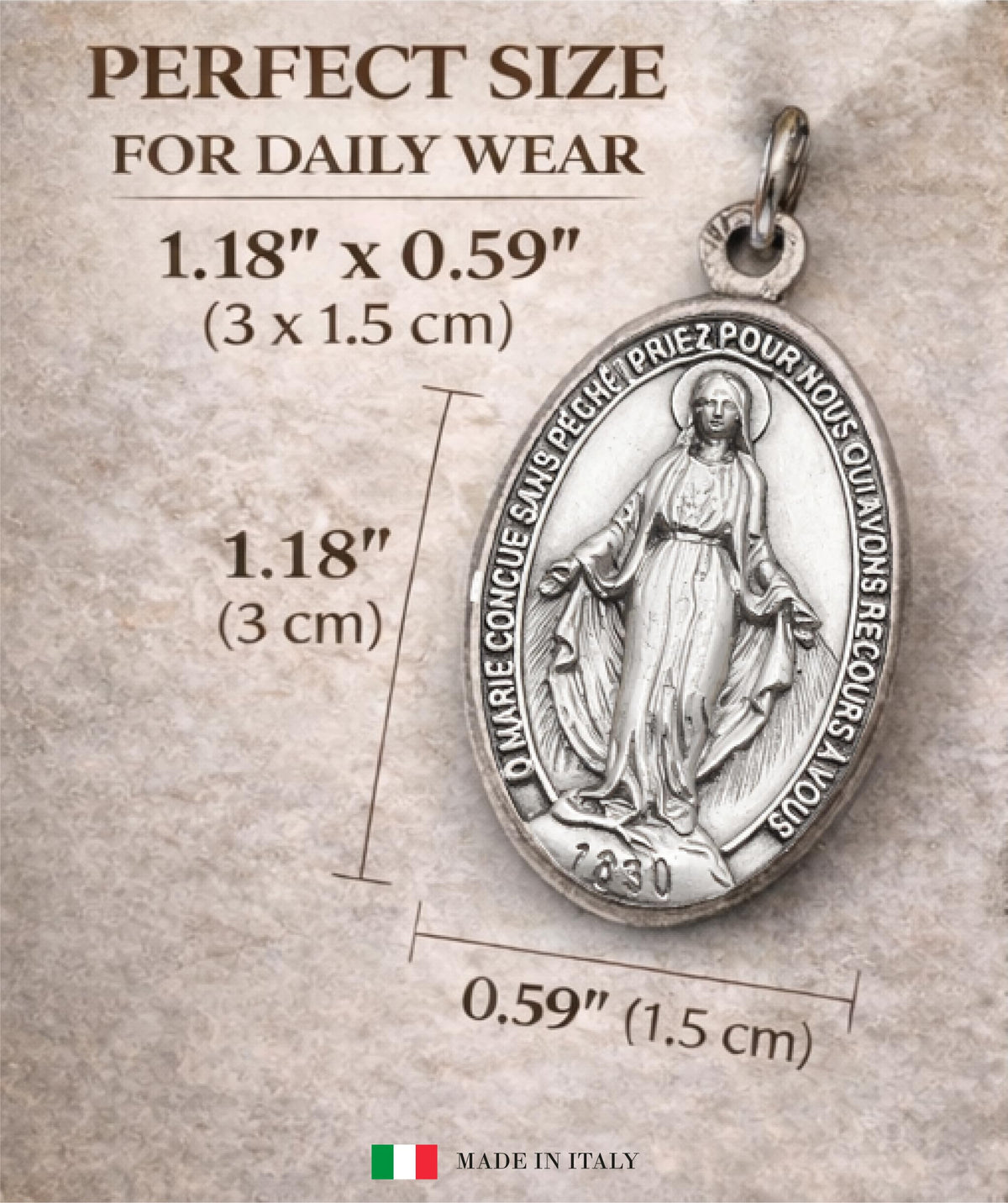 MIRACULOUS MEDAL ORIGINAL DESIGN, CATHOLIC VIRGIN MARY PENDANT, MADE IN ITALY, SILVER PLATED BRASS, RELIGIOUS JEWELRY GIFT FOR WOMEN MEN