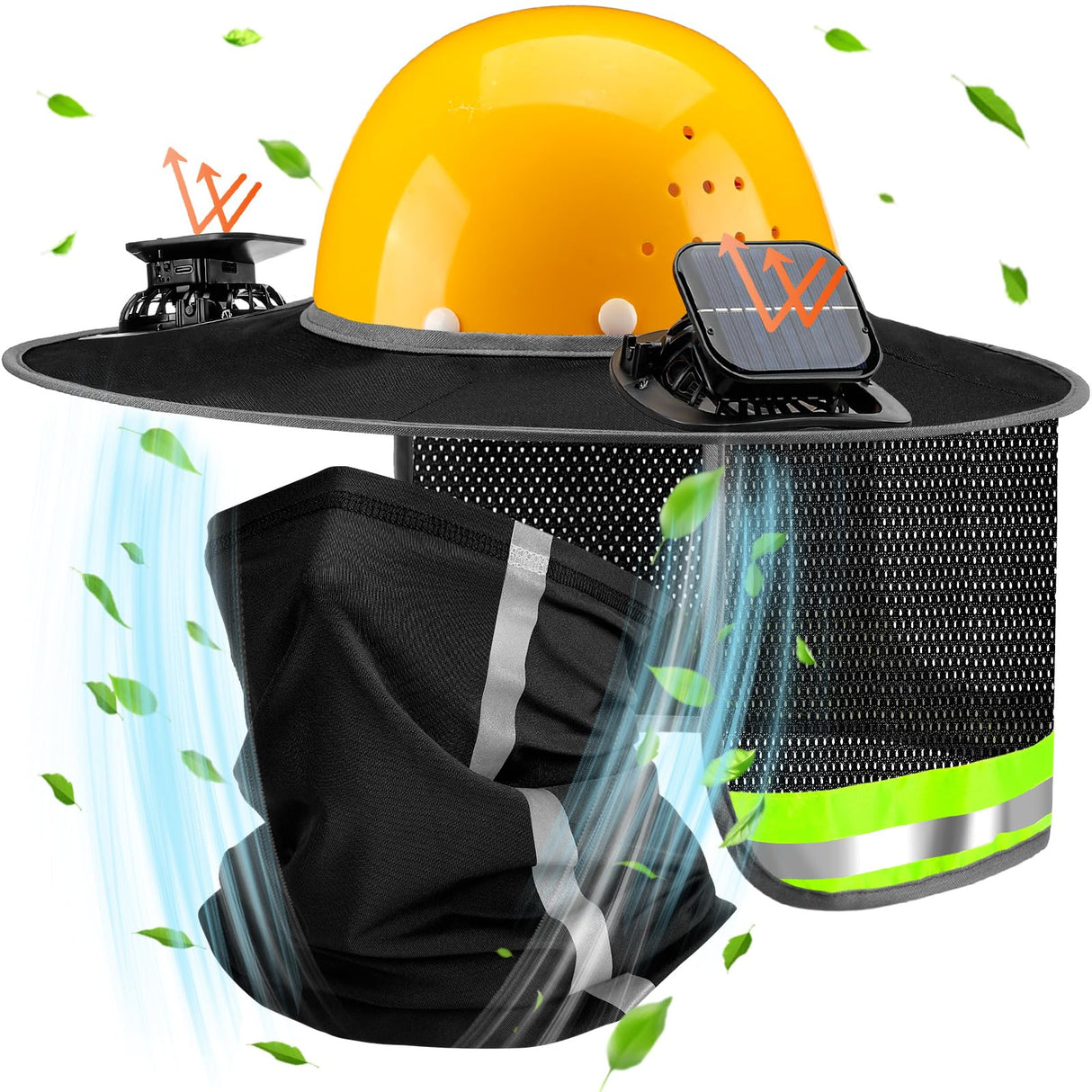 Croknit 2 Pcs Sun Hard Hat Neck Shield Shade Full Brim Hard Hat with Solar Fan Hardhat Sun Shield Visor with High Visibility for Construction Helmet Hardhat Accessories, Reflective(Black)