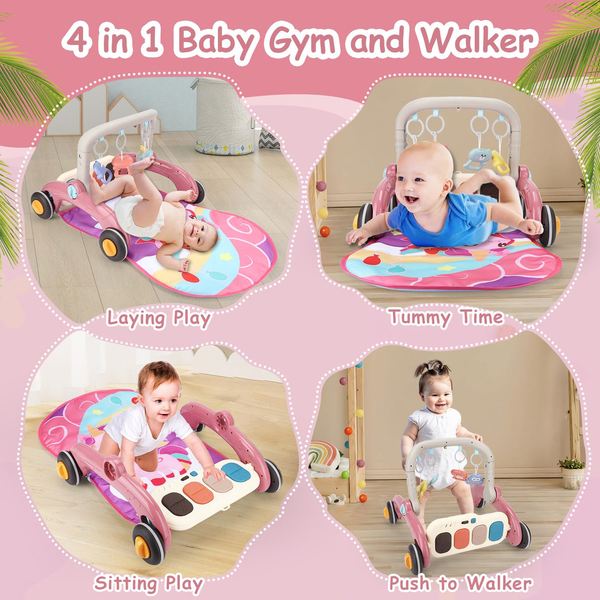 Baby Play Gym Walker Kick and Play Piano Gym for Boys Girls Play Mat Musical Tummy Time Mat Infant Christmas Newborn Gifts Toddlers (Pink)