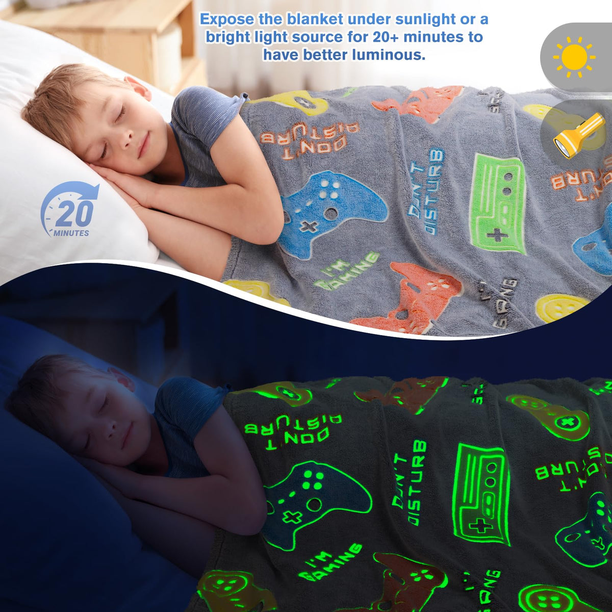 Gaming Blanket Gifts Toys for Boys - Glow in The Dark Game Controller Gamer Throw for Kids Age 1-14 Year Old Teens Child Toddler Son Birthday Christmas Valentines Easter Party Favors Presents 50"x60"
