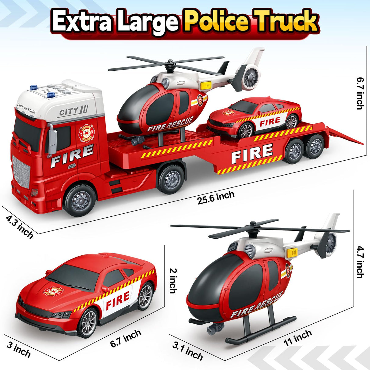 Kids Toys for 3 4 5 6 7 8 Years Old Boys, 25" Fire Truck Toy with Racing Car and Helicopter, Toddler Friction Powered Truck Vehicle Toy with Lights, Sounds for Boys Girls Christmas Birthday Gifts