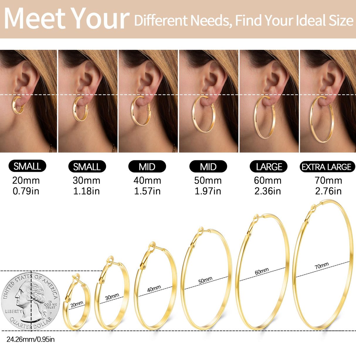 Jewlpire 14K Gold Plated Hoop Earrings for Women, Lightweight 14K Gold Plated Hoops Earring, 5mm Width Medium Hoops Earrings for Women Trendy 40 mm