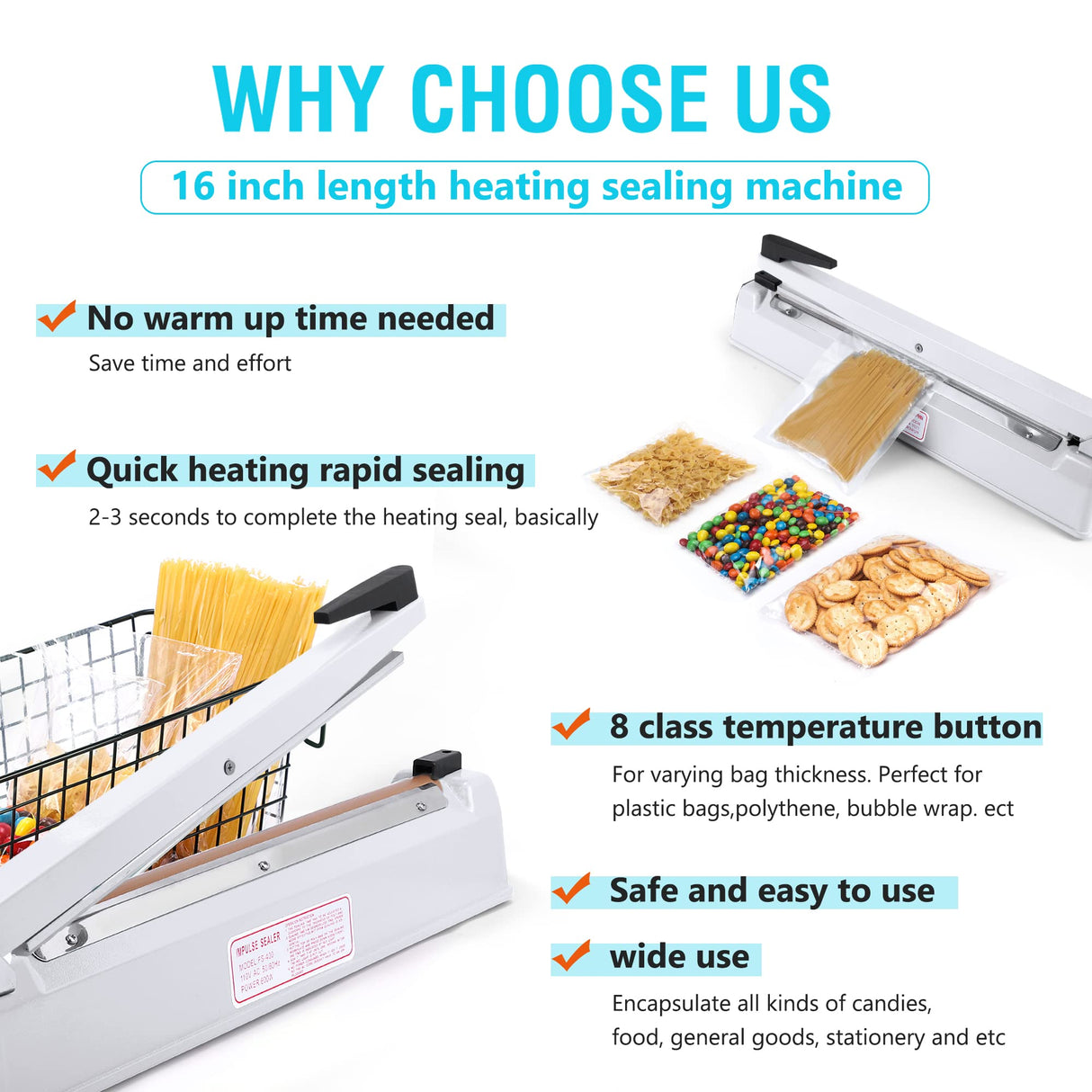 Metronic 16 inch Impulse Sealer, Manual Heat Sealer Machine for Plastic bags, Shrink Wrap Bags Sealer Heavy Duty Sealing Machine with Repair Kit, White