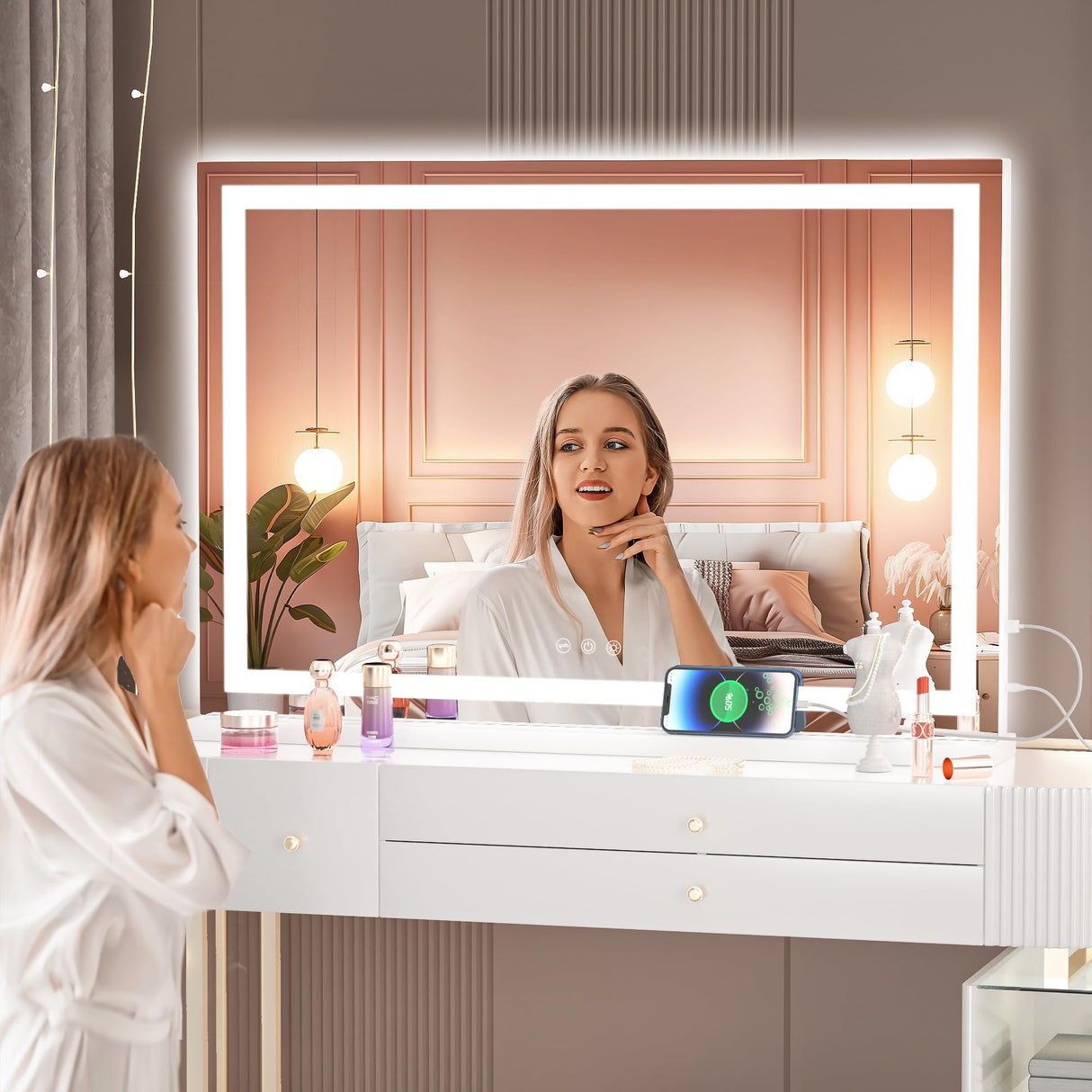 Hasipu Vanity Mirror with Lights, 32" x 20" LED Makeup Mirror, Lighted Makeup Mirror with Dimmable 3 Modes, Touch Screen Control Vanity Mirror Square White