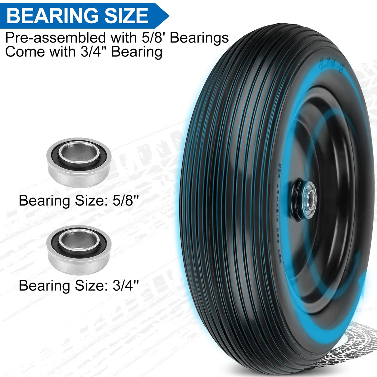 4.00-6 Flat Free Wheelbarrow Tires and Wheels, 13 Inch Wheelbarrow Tires with 5/8" or 3/4" Bearings, 1.75'' Centered Hub Hand Truck Solid Wheels Replacement for Hand Trucks, Dolly Trolleies, 2 PCS