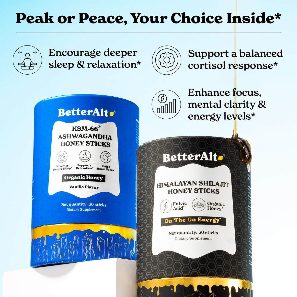 Better Alt Ashwagandha & Classic Shilajit Honey Sticks| Pure Himalayan Shilajit Organic Multiflora Honey & Saffron|60 Sticks|Energy & Immune Support Supplement