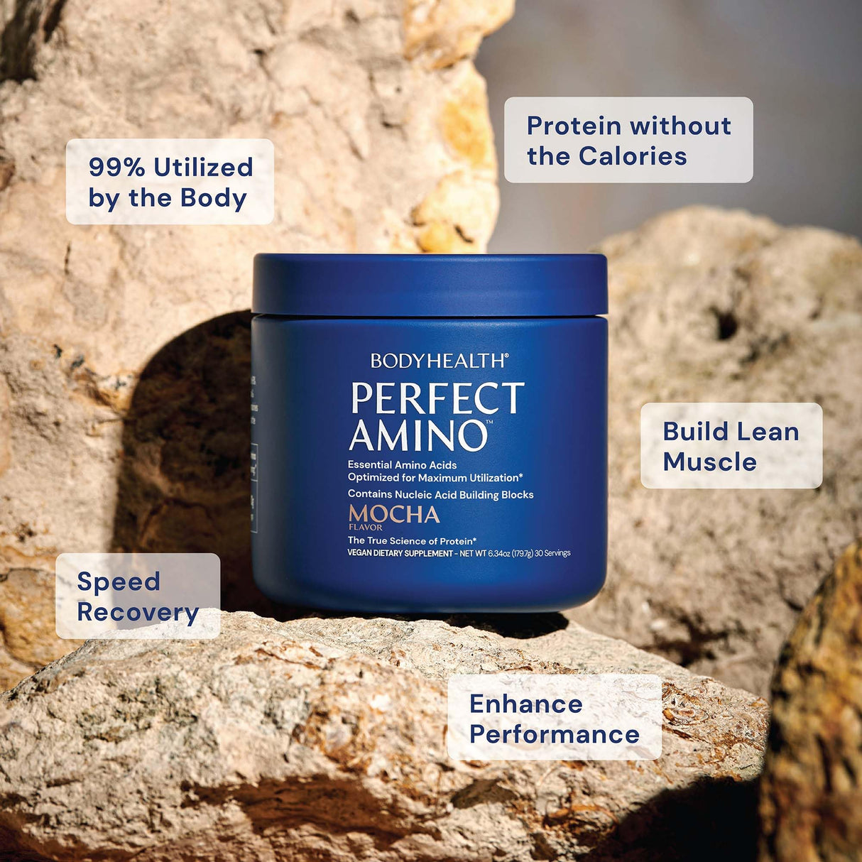 BodyHealth PerfectAmino Powder - BCAA and EAA Powder for Pre and Post Workout - Amino Acid Energy Drink for Men and Women to Support Lean Muscle and Recovery - Mocha - 60 Servings