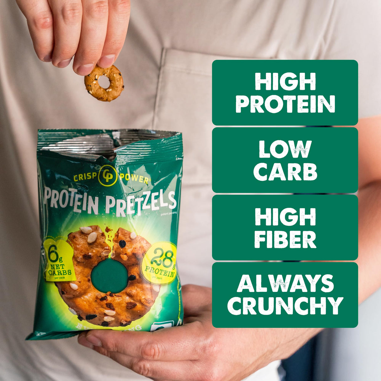 Crisp Power Protein Pretzels, Everything, High Protein Vegan Keto Snack, 28 G Plant Based Protein, Low Carb Crunchy Pretzel Snacks, Sugar Free, No Seed Oils, 1.75 oz Bags, 6 Pack