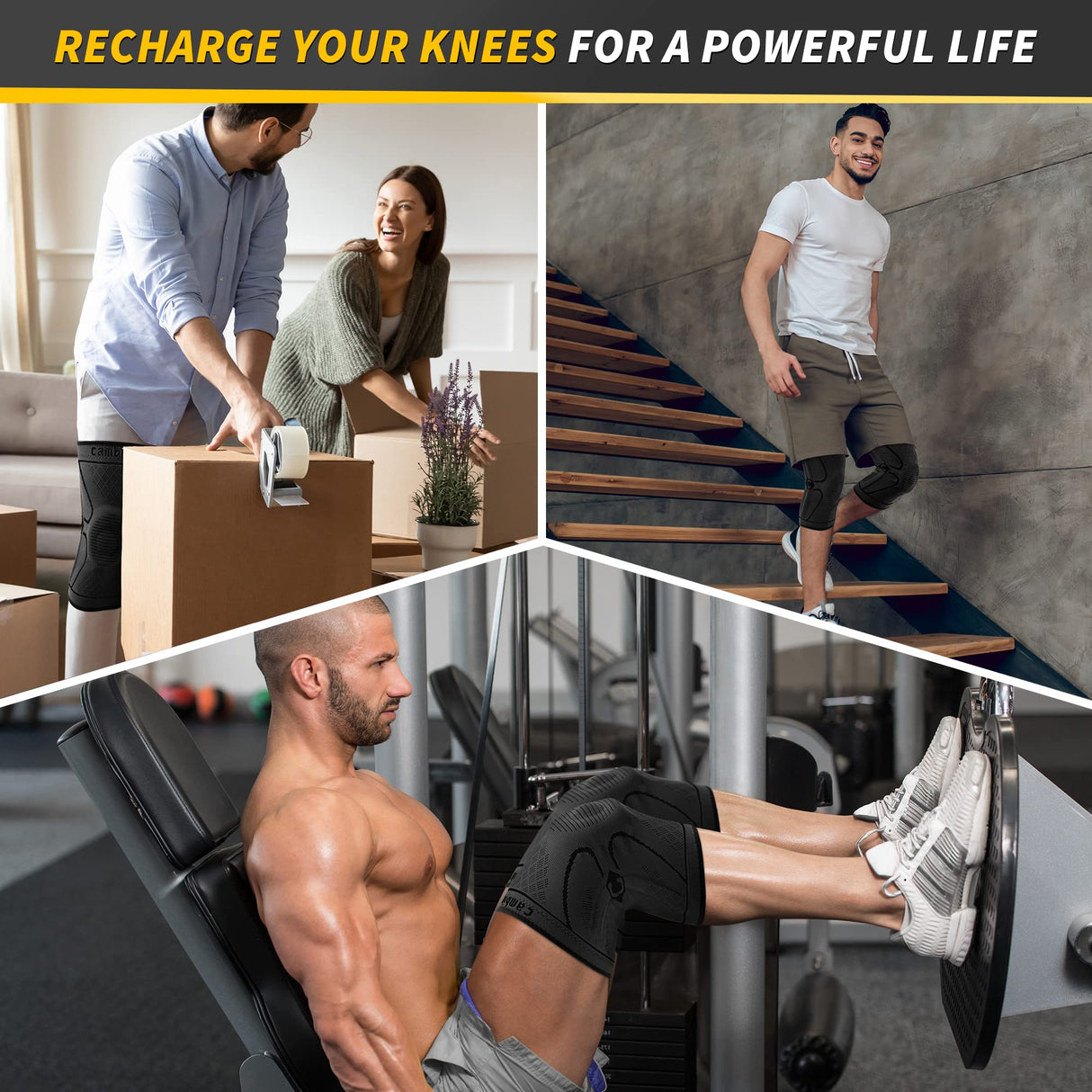 CAMBIVO Knee Brace for Men & Women, 2 Pack Knee Compression Sleeve for Knee Pain Relief, Knee Brace with Side Stabilizers & Patella Pad for Meniscus Tear, Gym Running Working Out(Medium, STS-Black)