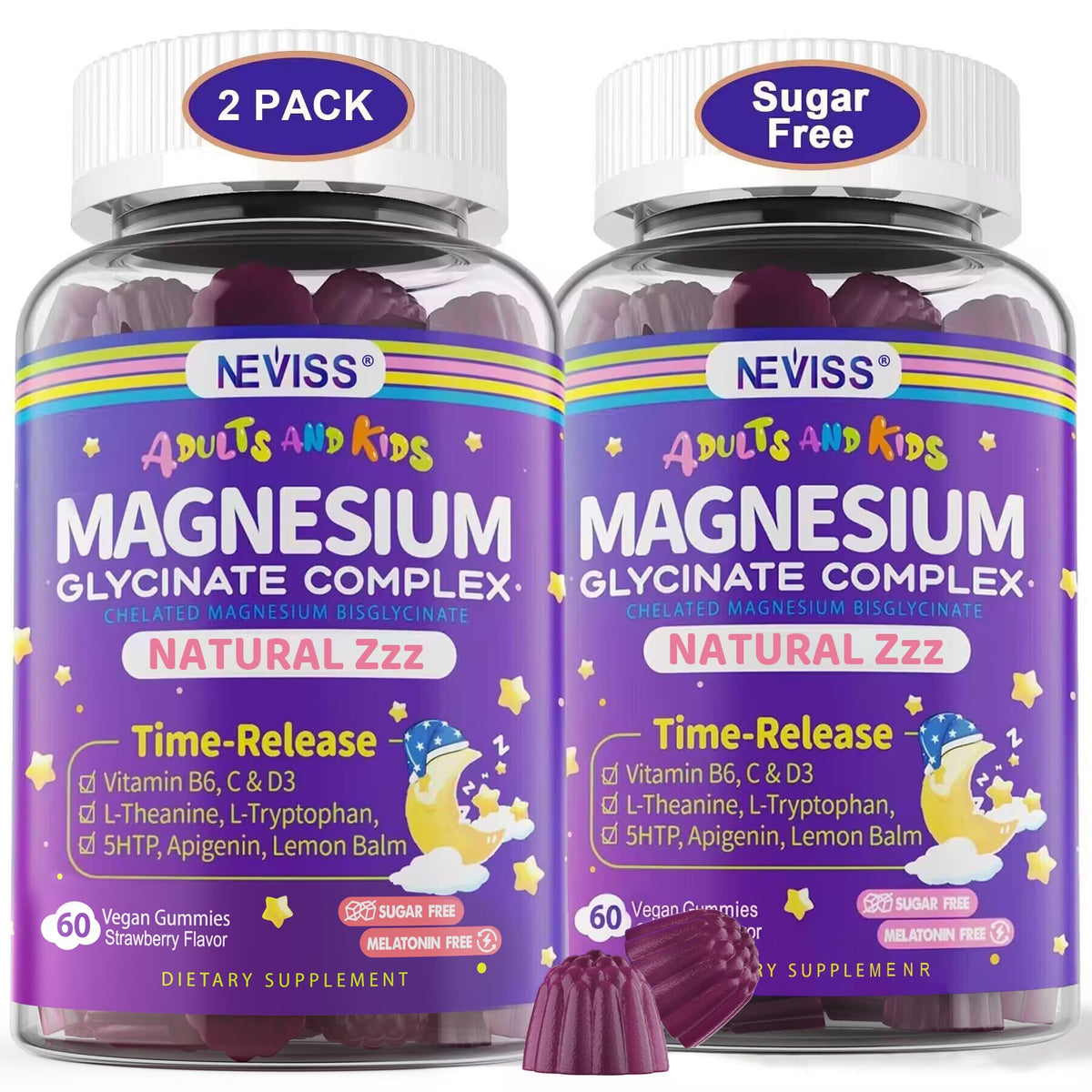 NEVISS Magnesium Glycinate Gummies for Adults & Kids 4+, Sugar Free Magnesium Bisglycinate Supplement 400/200mg with B6D3, L-Theanine for Zzz & Relaxation, Brain, Melatonin Free Gummies, 2Pack