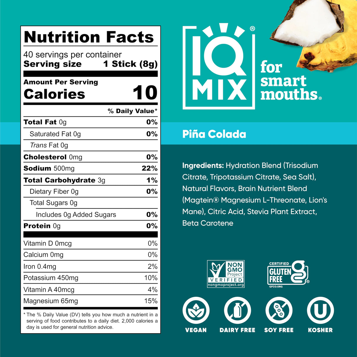 IQMIX Hydration Electrolyte Powder – 4-in-1 Formula for Hydration, Mental Clarity, Mood and Recovery – Sugar-Free Drink Mix, Keto, Magnesium L-Threonate, Lion’s Mane – 40 Count Piña Colada