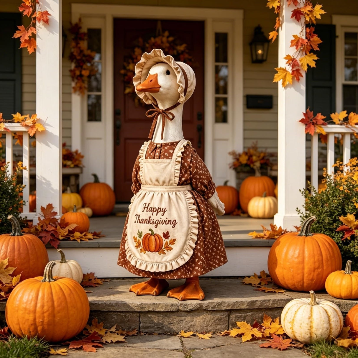 Thanksgiving Pilgrim Porch Goose Outfits Fits 23'' Lawn Goose Statue Fall Pumpkin Dress with ''Happy Thanksgiving'' Apron & Bonnet Costume for Autumn Yard, Patio Garden Decor (Brown, 23 inch)