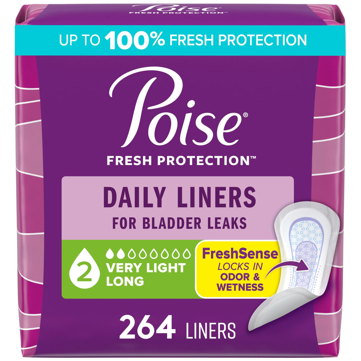 Poise Daily Liners, Incontinence Panty Liners, 2 Drop Very Light Absorbency, Long Length, 264 Count of Pantiliners (6 Packs of 44), Packaging May Vary