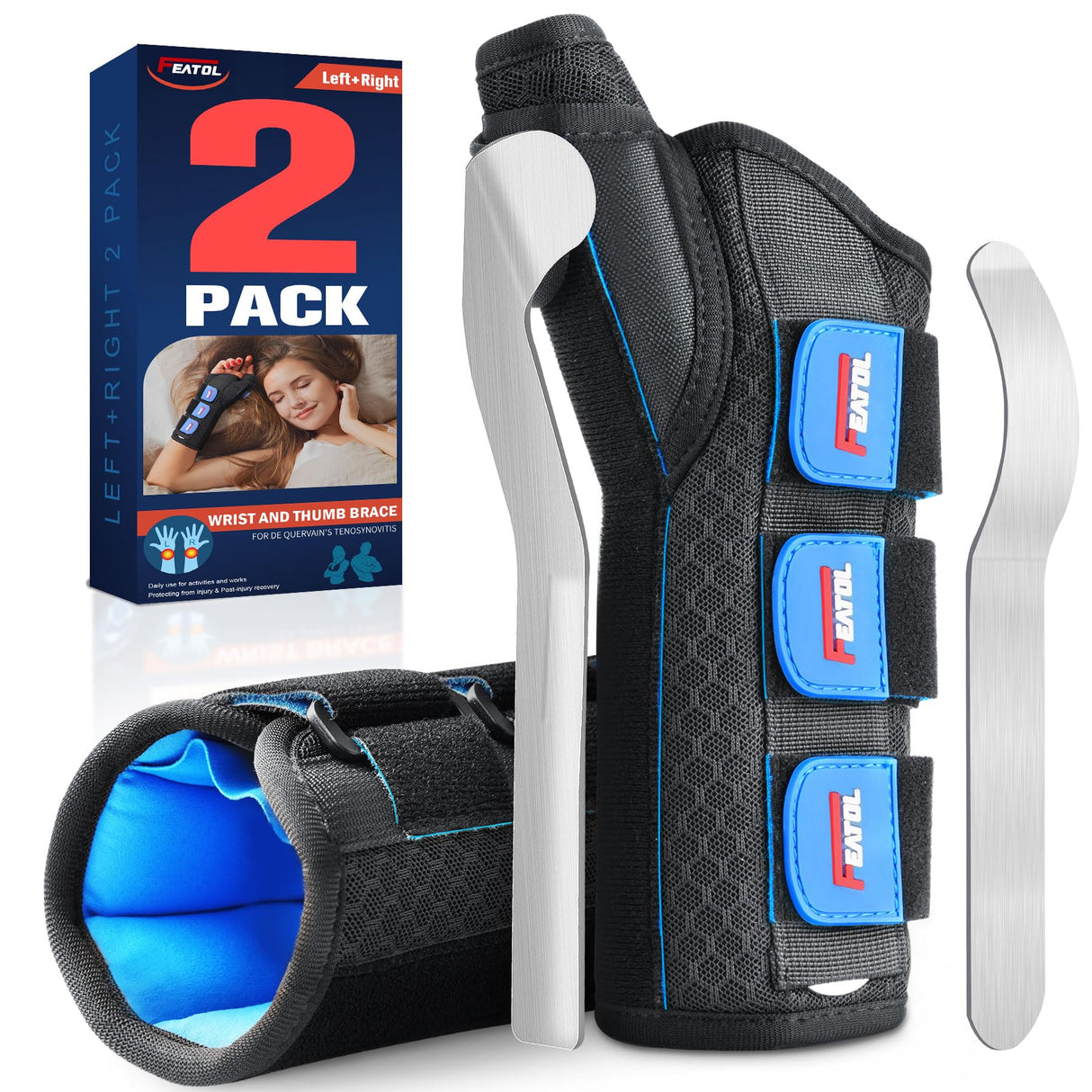 FEATOL 2 Pack Wrist Brace with Thumb Spica Splint for De Quervain's Tenosynovitis, Carpal Tunnel, Tendonitis, Arthritis-Thumb Brace for Pain Relief-Left And Right Hand-Small/Medium