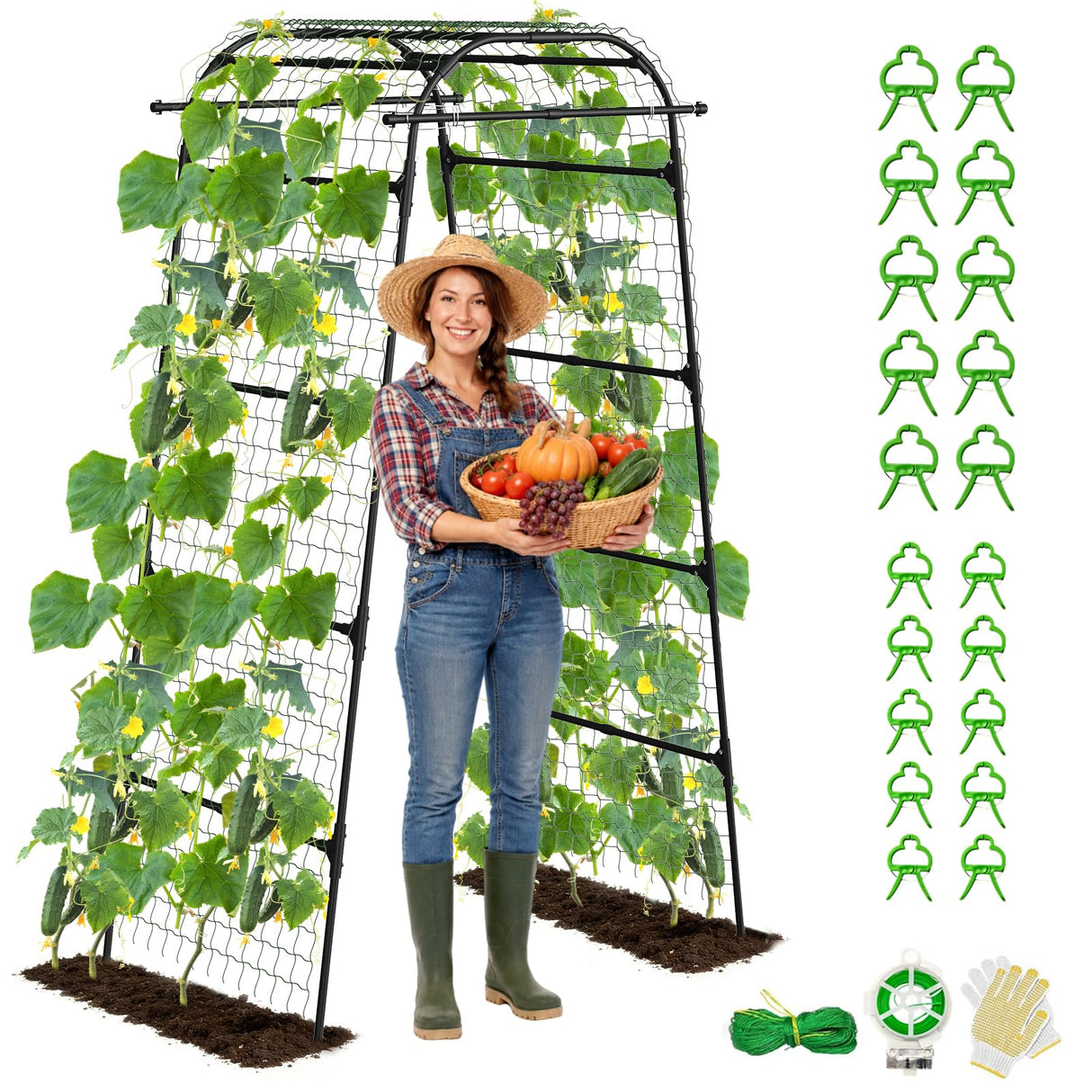 Heavy Duty Garden Arch Trellis for Climbing Plants, 20mm Thick Rustproof Metal Frame, Easy Assembly No Tools, 7.2ft Tall Vine Support with Netting & Gloves for Cucumbers Beans Roses