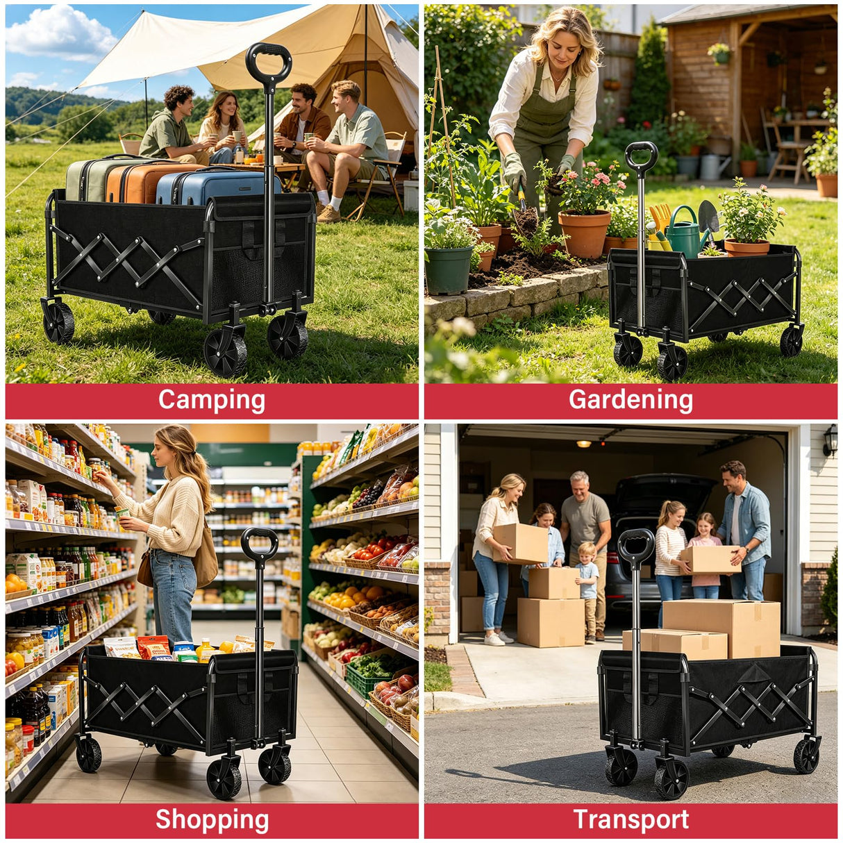 Folding Wagon Cart with All-Terrain Wheels – Heavy Duty Collapsible Utility Wagon for Grocery, Sports, Garden, Camping, Shopping (Black 330LBS)