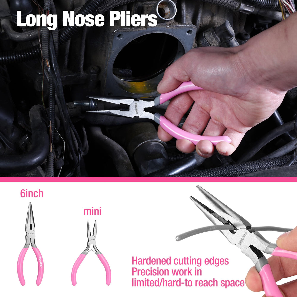 WORKPRO 7-piece Pliers Set with Groove Joint, Long Nose, Slip Joint, Linesman, and Diagonal Pliers for DIY & Home Use - Pink Ribbon