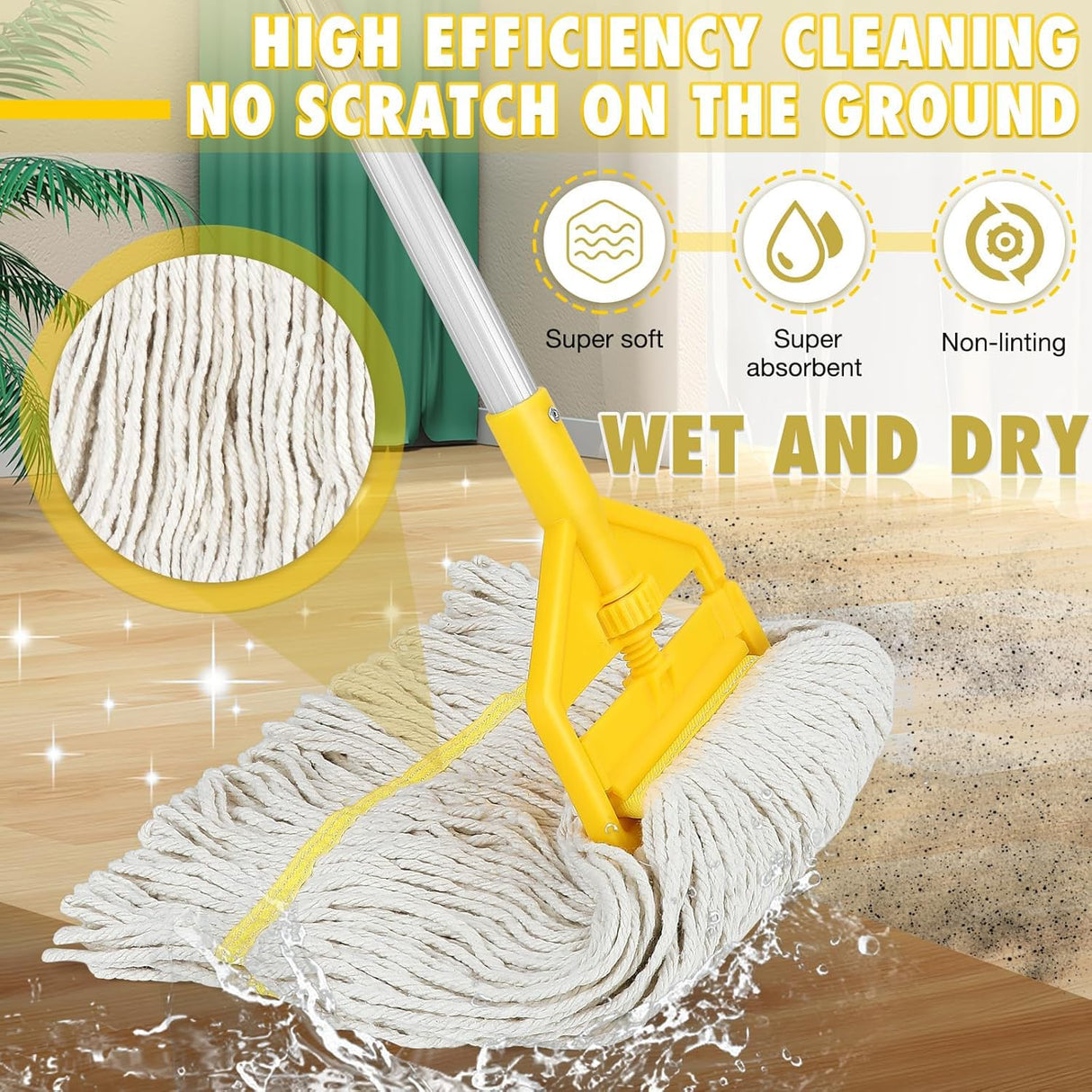 Commercial Industrial Mop Heavy Duty with 3 Replacement Head,Looped-End String Wet Mops with Long Handle for Floor Cleaning, Cotton Mop for Home Garage Office Workshop Warehouse Concrete Floor