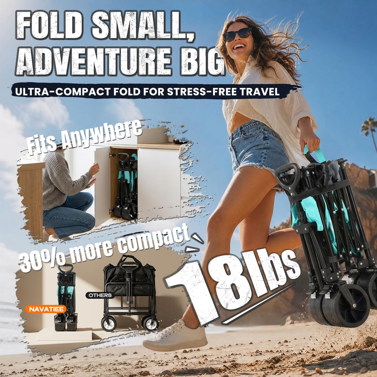 Navatiee 330Lbs Collapsible Folding Wagon, Beach Wagon Cart Heavy Duty Foldable with Big Wheels, Utility Grocery Wagon with 165L Large Capacity for Camping Garden Sports, Light Blue