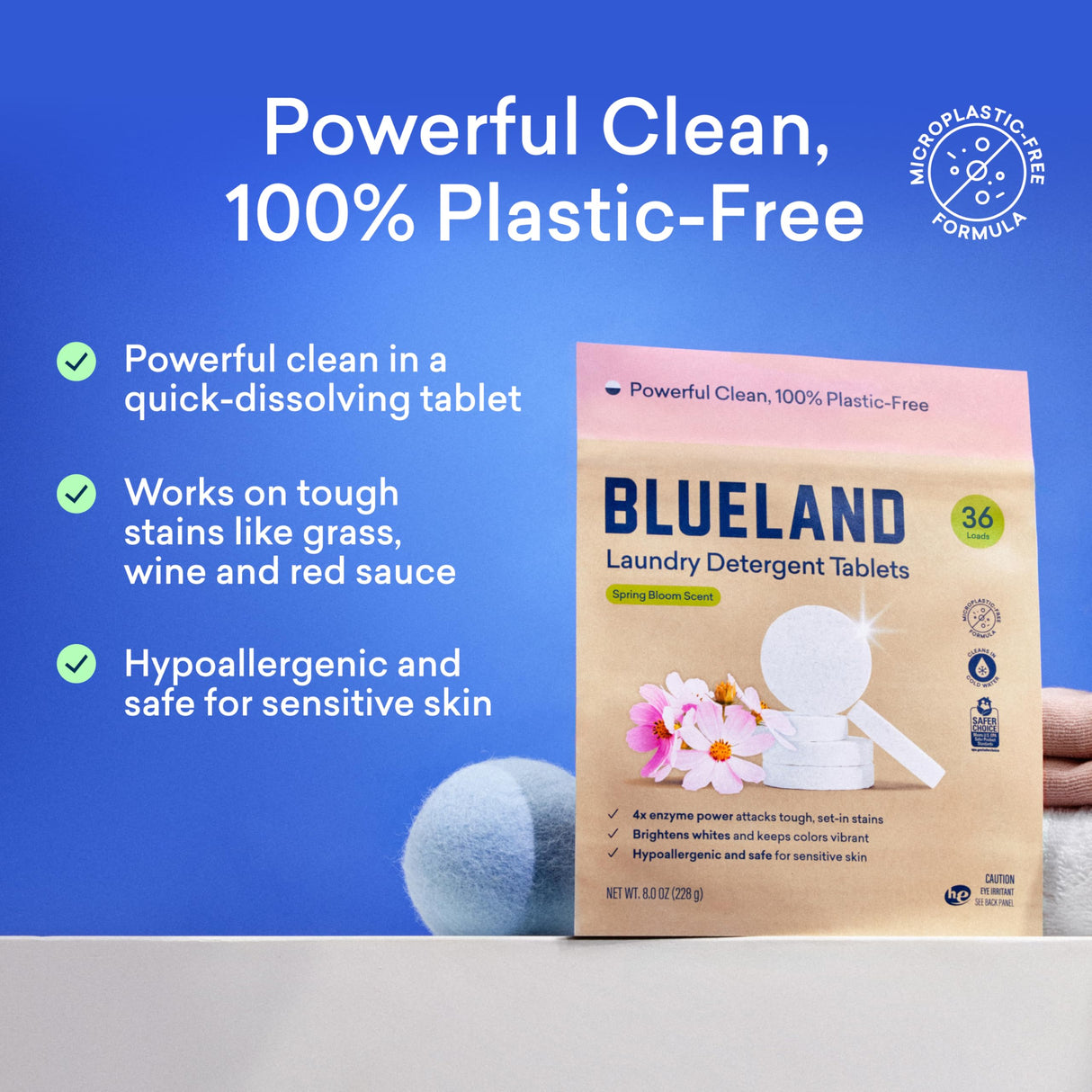 BLUELAND Laundry Detergent Tablets, Starter Set, 60 Count with Tin, Spring Bloom Scent, Plastic-Free Eco-Friendly Pods, Sheets, Liquid Alternative - Natural, Gentle, Non Toxic