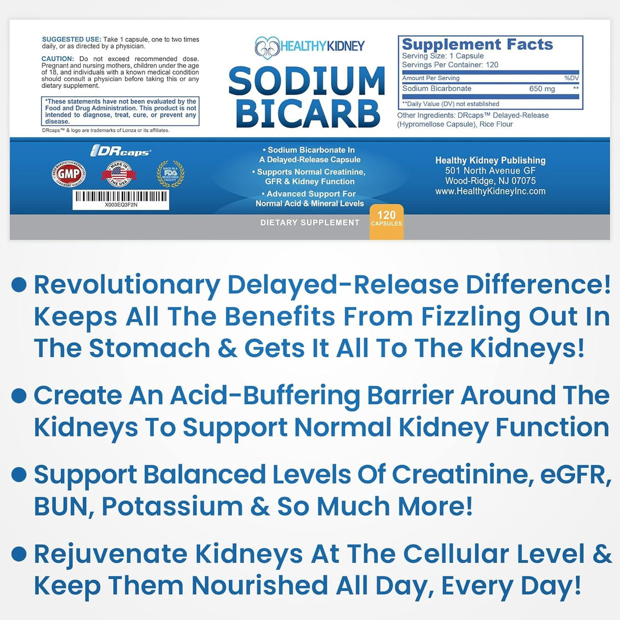 Sodium Bicarbonate 650 Mg Tablets - Delayed Release for Normal Kidney Function - Baking Soda Tablets, Sodium Pills, Bicarbonato De Sodio para Tomar, Bicarbonate of Soda - 30 Capsules