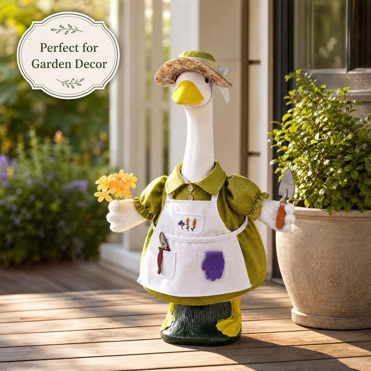 HALSHI Spring Gardener Porch Goose Outfit for 23 Inch Plastic Cement Goose Statue, Goose Outfit Clothes with Hat, Felt Tools & Flower for Outdoor Garden Yard Patio Art Decor