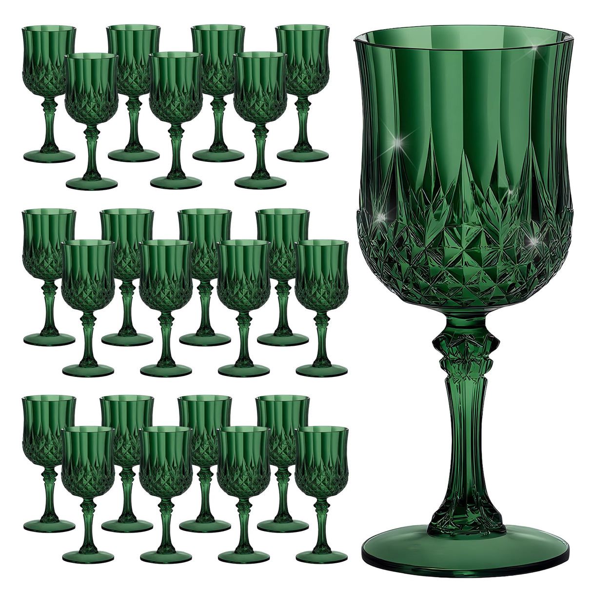 HTTBEIZI 24PCS 7OZ Dark Green Wine Plastic Glasses, Drinking Champagne Glasses Flutes Crystal Vintage Water Unbreakable Goblets for Christmas, Wedding, Parties