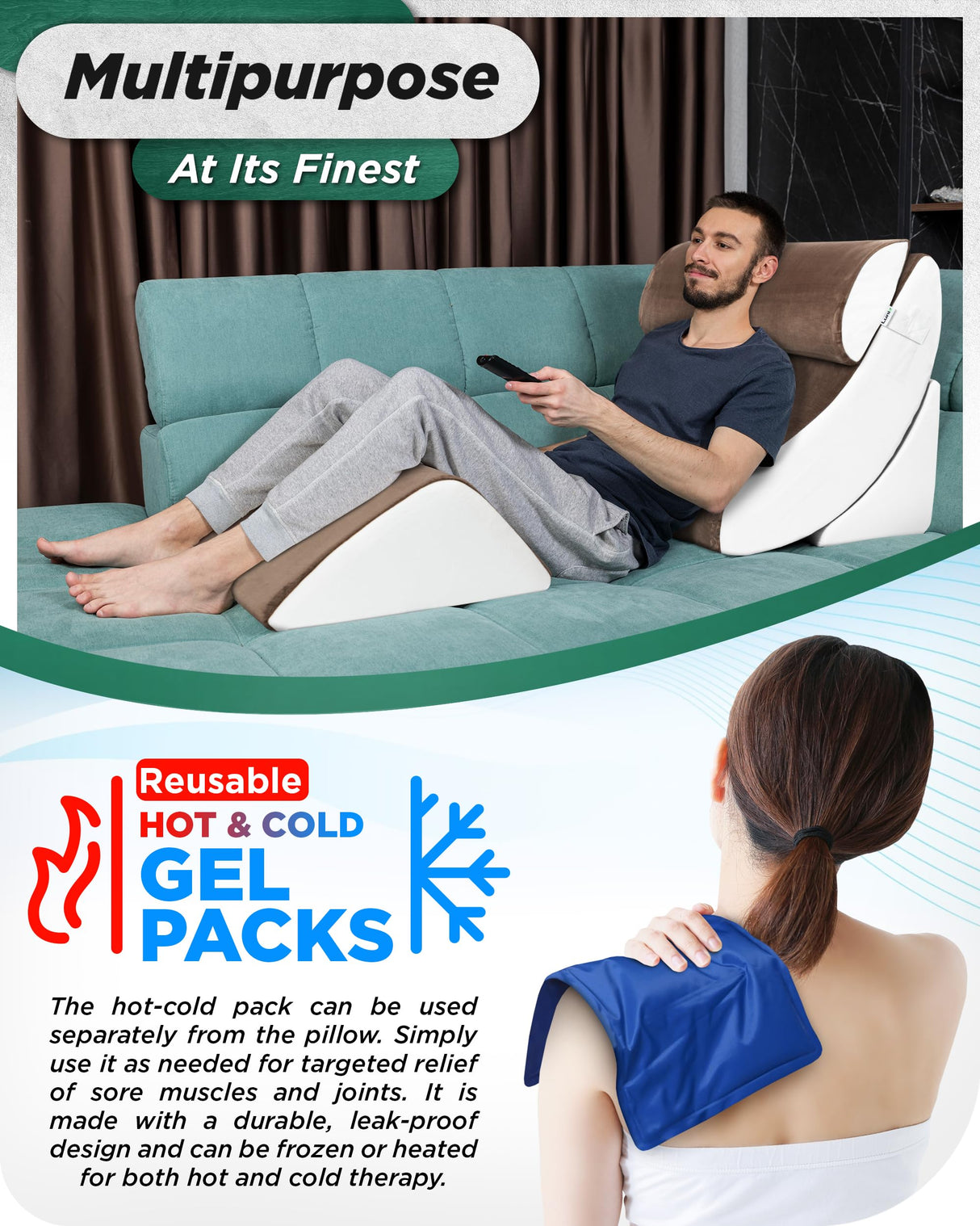 Lunix 4pcs Orthopedic Bed Wedge Pillow Set, Post Surgery Memory Foam for Back, Knee, Leg Pain Relief, Adjustable Sitting Pillow for Sleeping, Acid Reflux, GERD, with Hot Cold Pack, Brown/White