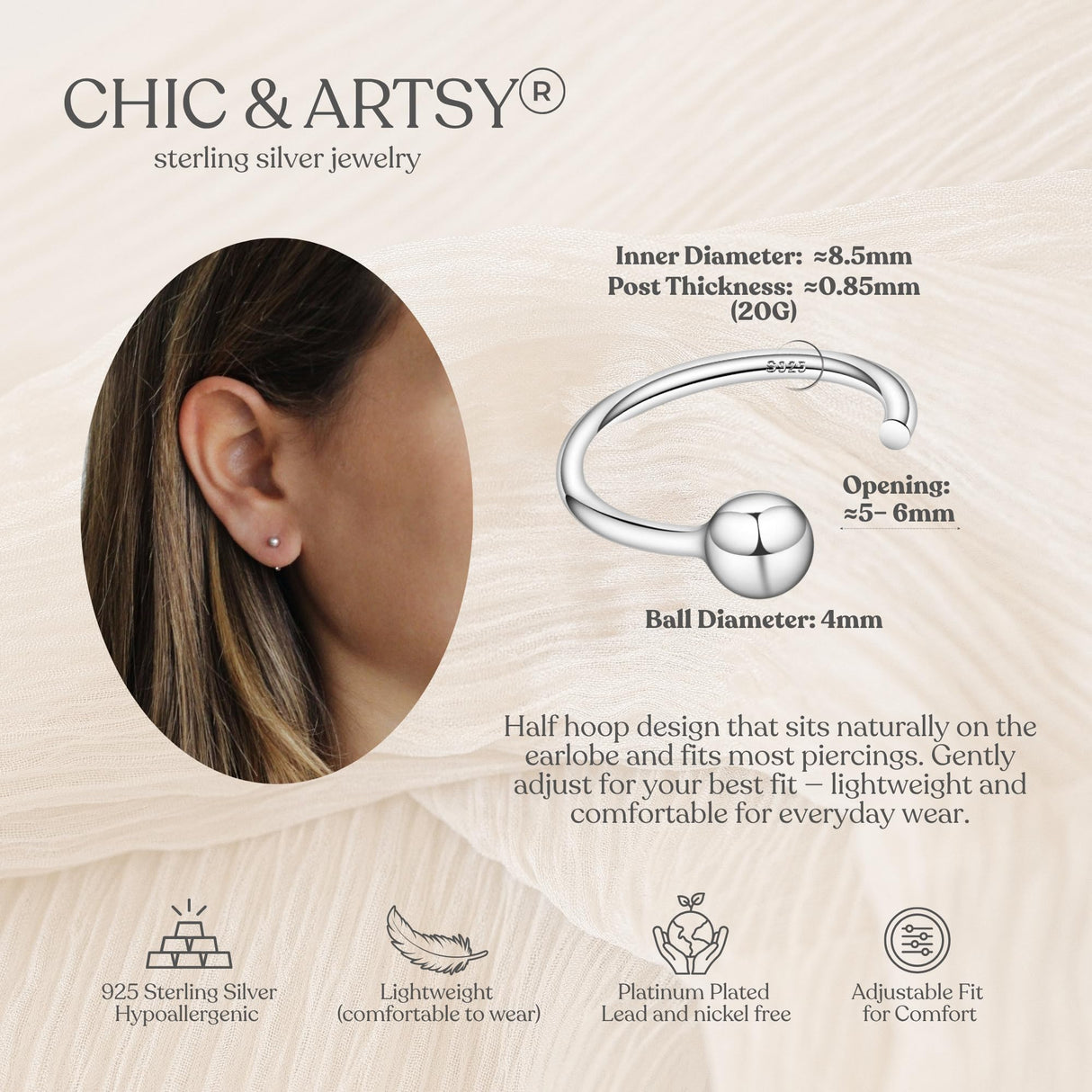 4mm Half Hoop Earrings 925 Sterling Silver Tiny Ball Hoop Earrings Unisex