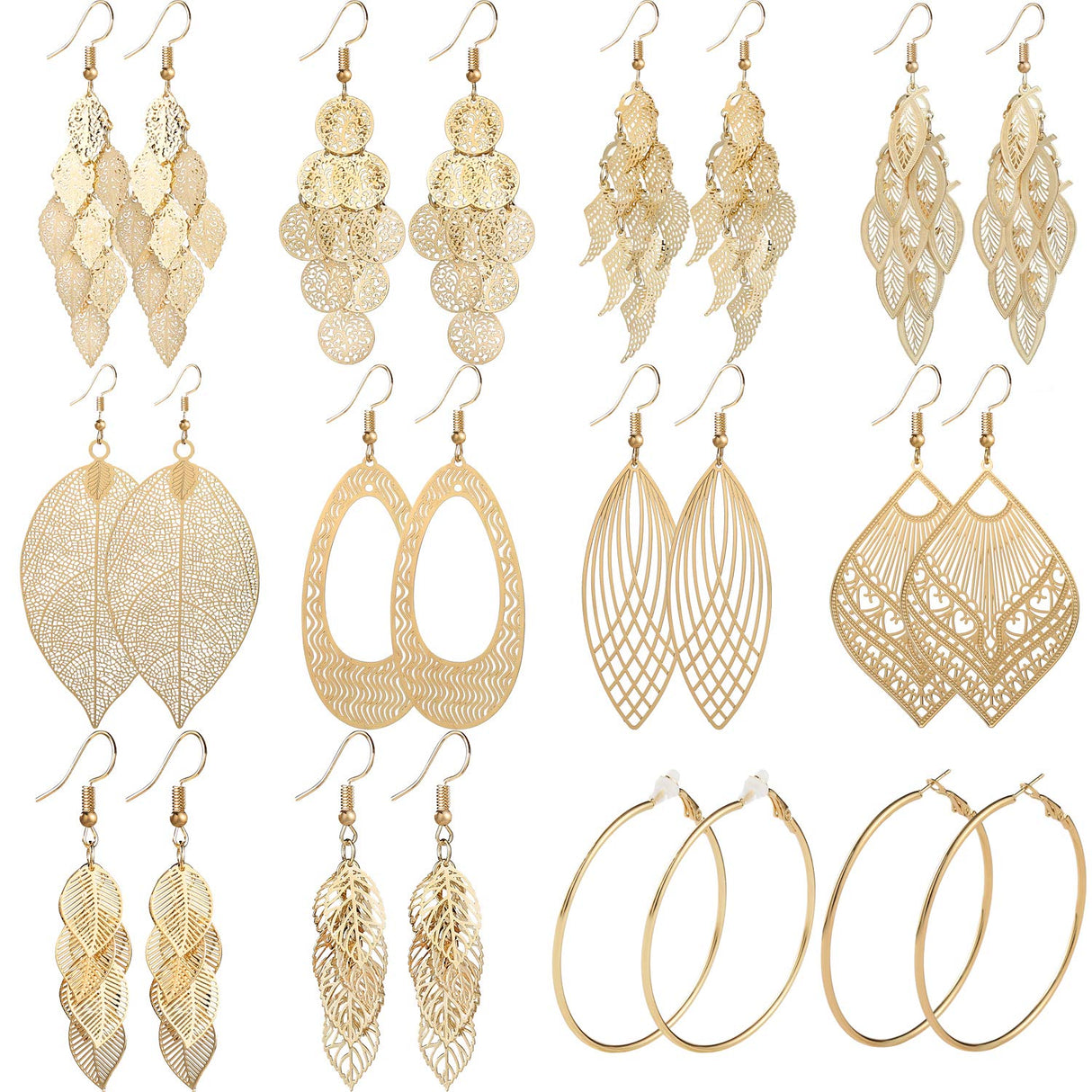 Starain 12 Pairs Gold Hoop Earrings for Women Long Layered Leaf Earrings Vintage Statement Dangle Drop Earring Set