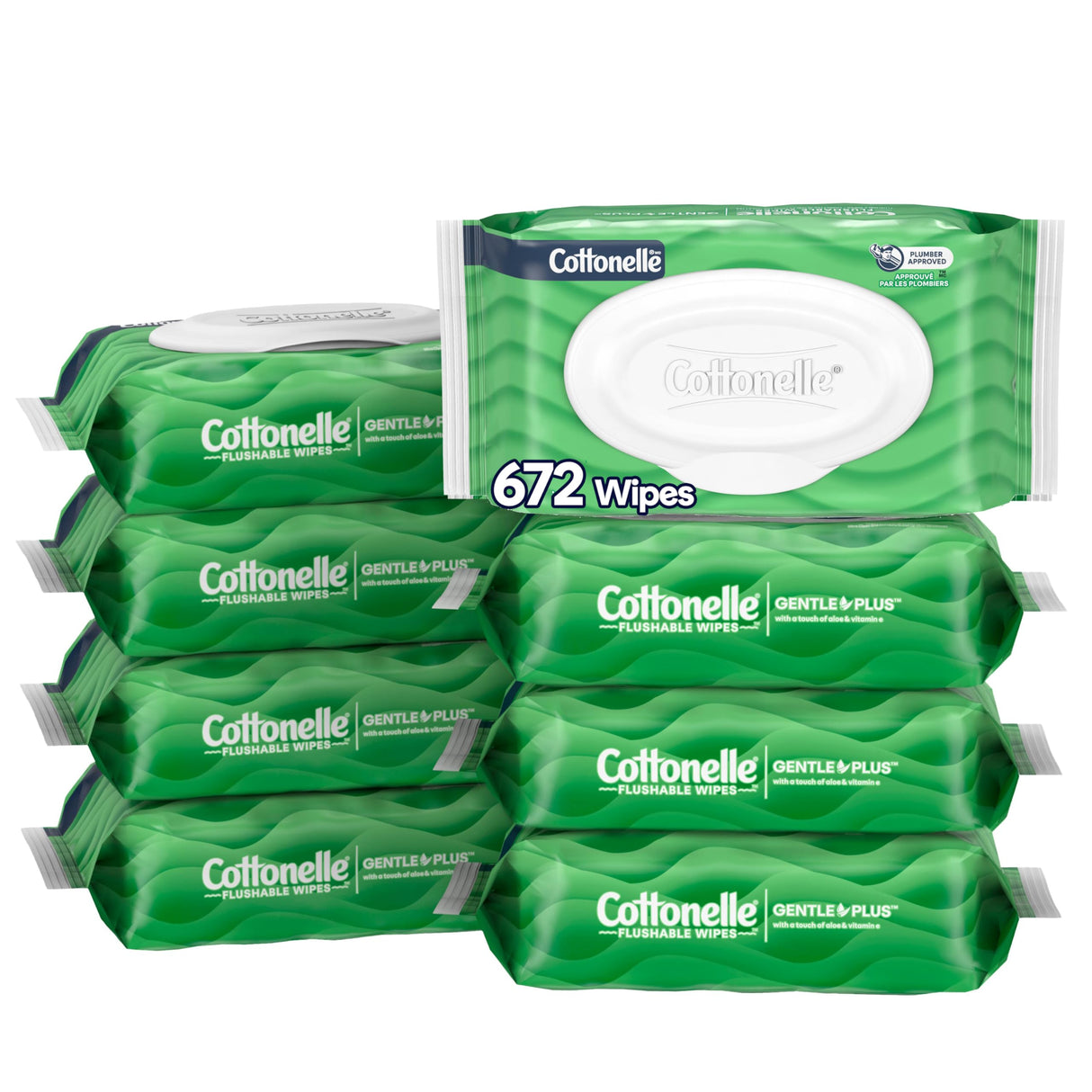 Cottonelle GentlePlus Flushable Wet Wipes with Aloe & Vitamin E, 16 Flip-Top Packs, 42 Wipes Per Pack (672 Total Wipes), Packaging May Vary