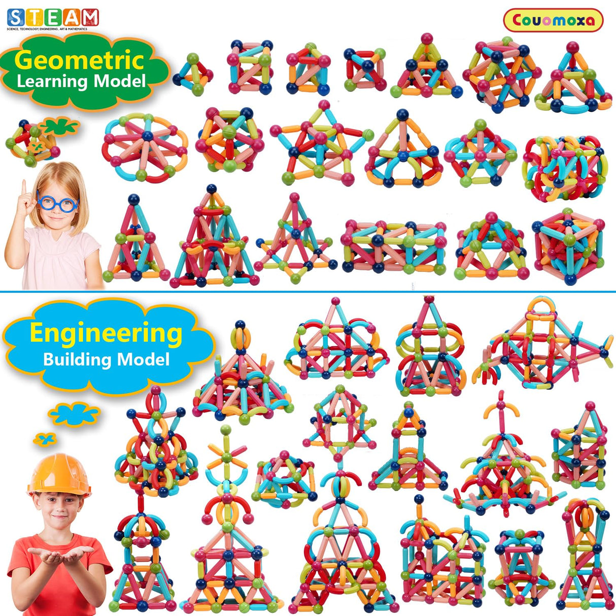 COUOMOXA Magnetic Toy Montessori for Kids: 3 4 5 6 7 8 9 10 11 12 Years Old Kids Building Sticks - Magnetic Creative Toy Age 3-12 Playroom Family - Christmas Birthday Gift for Boys Girls