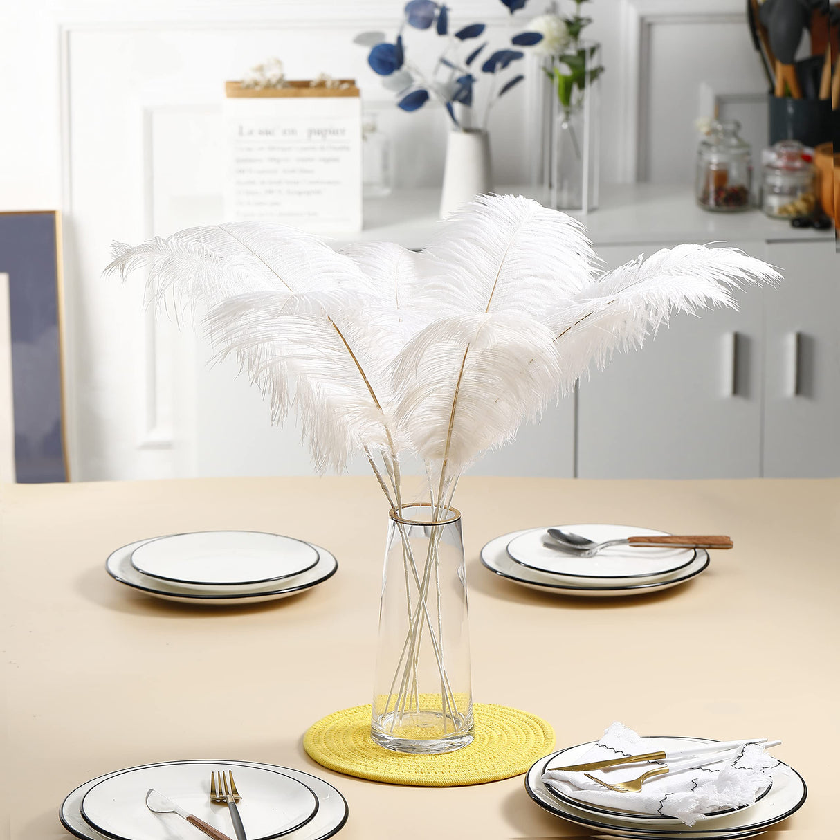 Ballinger White Ostrich Feathers Bulk - Making Kit 10Pcs 28 inch Large Boho Feathers for Vase, Floral Arrangement, Wedding Party Centerpieces and Christmas Home Decorations