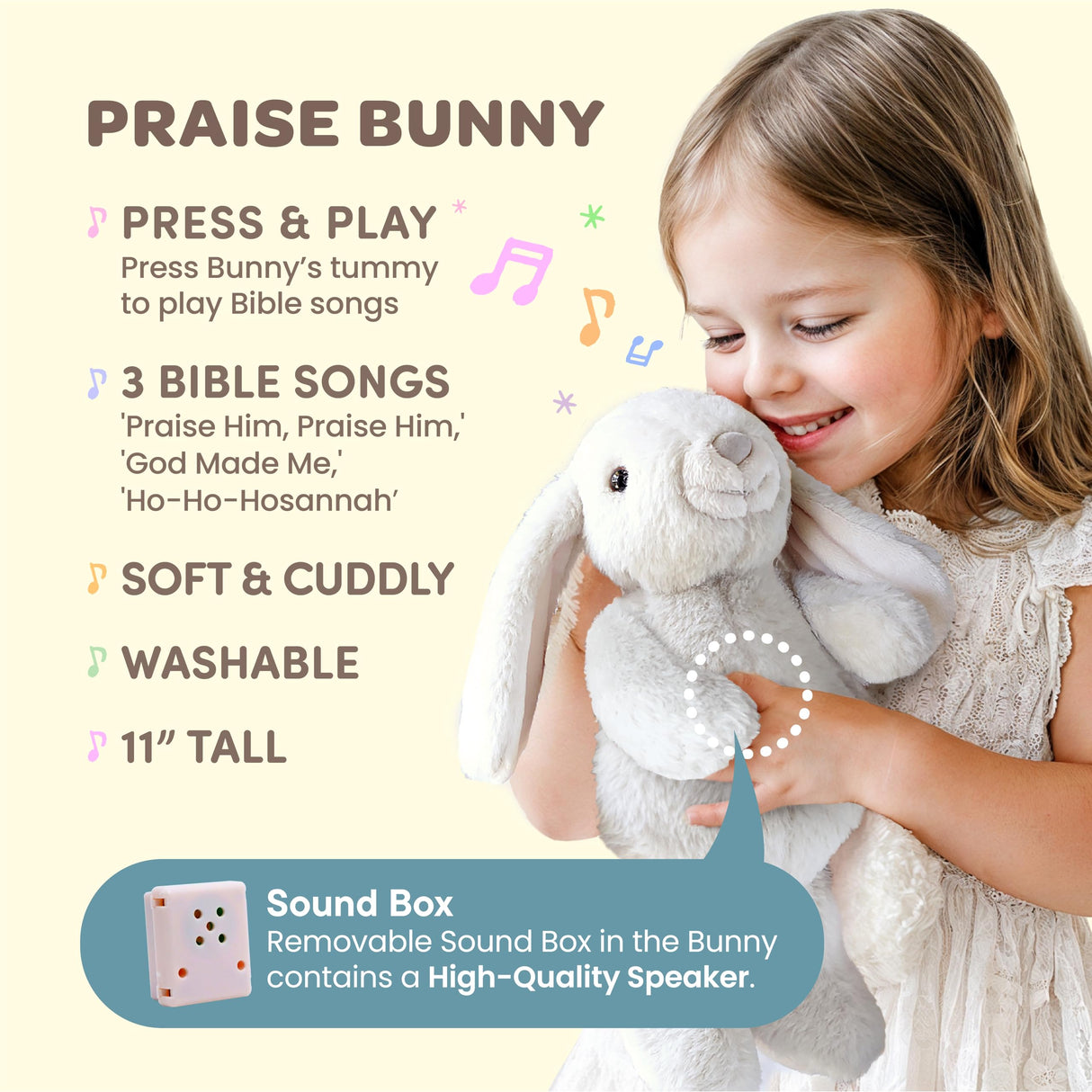 HELLO 2 KIDS Praise Bunny Christian Baby Gift Set – 11” Musical Plush with 3 Bible Songs, Blessing Book, Keepsake Box & Stickers – Perfect Christmas, Baptism, Christening Gift for Boys & Girls