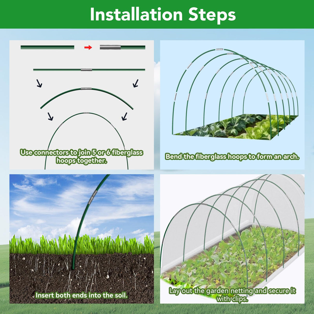Garden Mesh Netting Kit for Raised Beds, 10x30FT Green Garden Netting &6 Sets Fiberglass Garden Hoops, Row Cover Garden Netting Pest Barrier Plant Protection for Vegetable Flowers Fruits