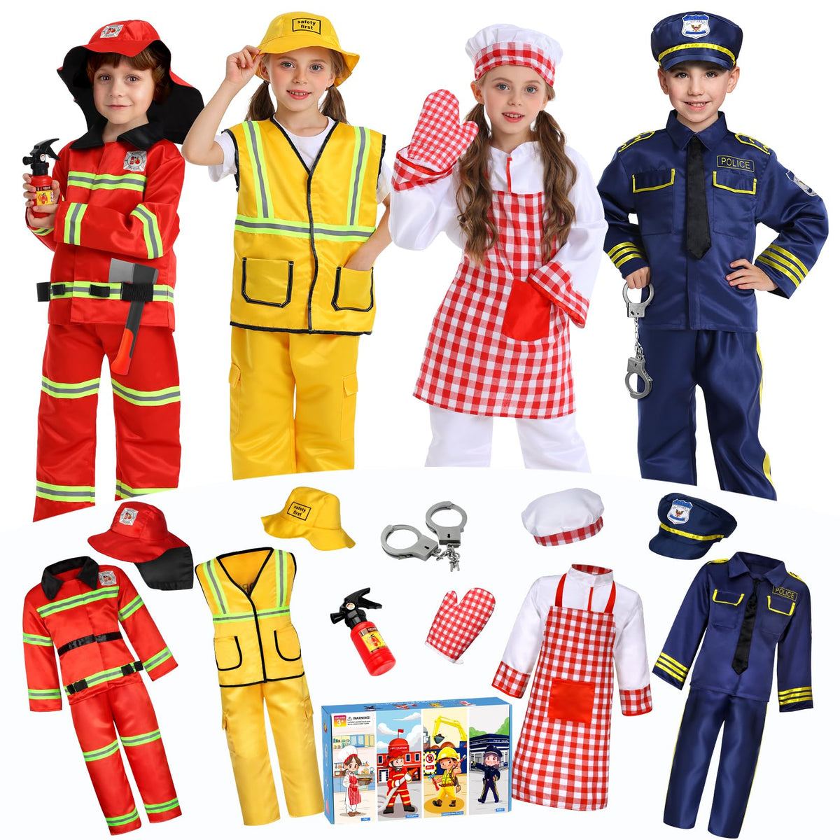 14Pcs Toddler Dress up Clothes,Boys Dress up Costumes for Play,Kids Dress up Set with Firefighter,Construction Worker,Chef,Police Costume,Toddler Boy Toys Christmas Birthday Gifts for 3-6 Years Old