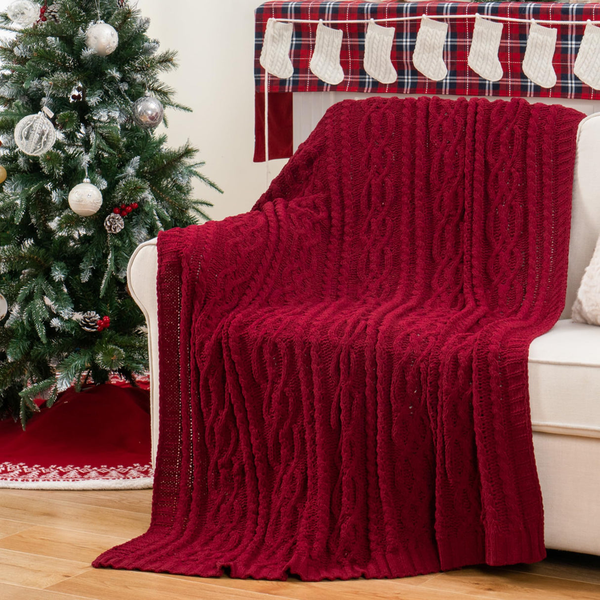 Battilo Christmas Dark Red Throw Blanket for Couch, Bed, Sofa, 51"x67", Woven Chenille Knit Throw Blankets, Gift Blanket, Cozy Warm Decorative Textured Throw Blanket for Living Room