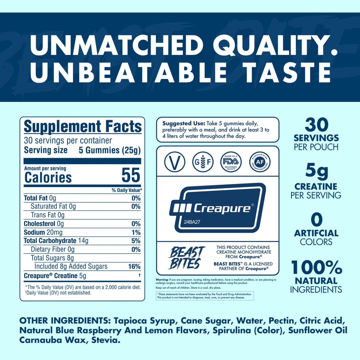 BEAST BITES - Creatine Gummies - 5g Creatine Monohydrate Per Serving - Low-Calorie & Vegan - Made in The USA - Blue Raspberry Flavor - 30 Servings