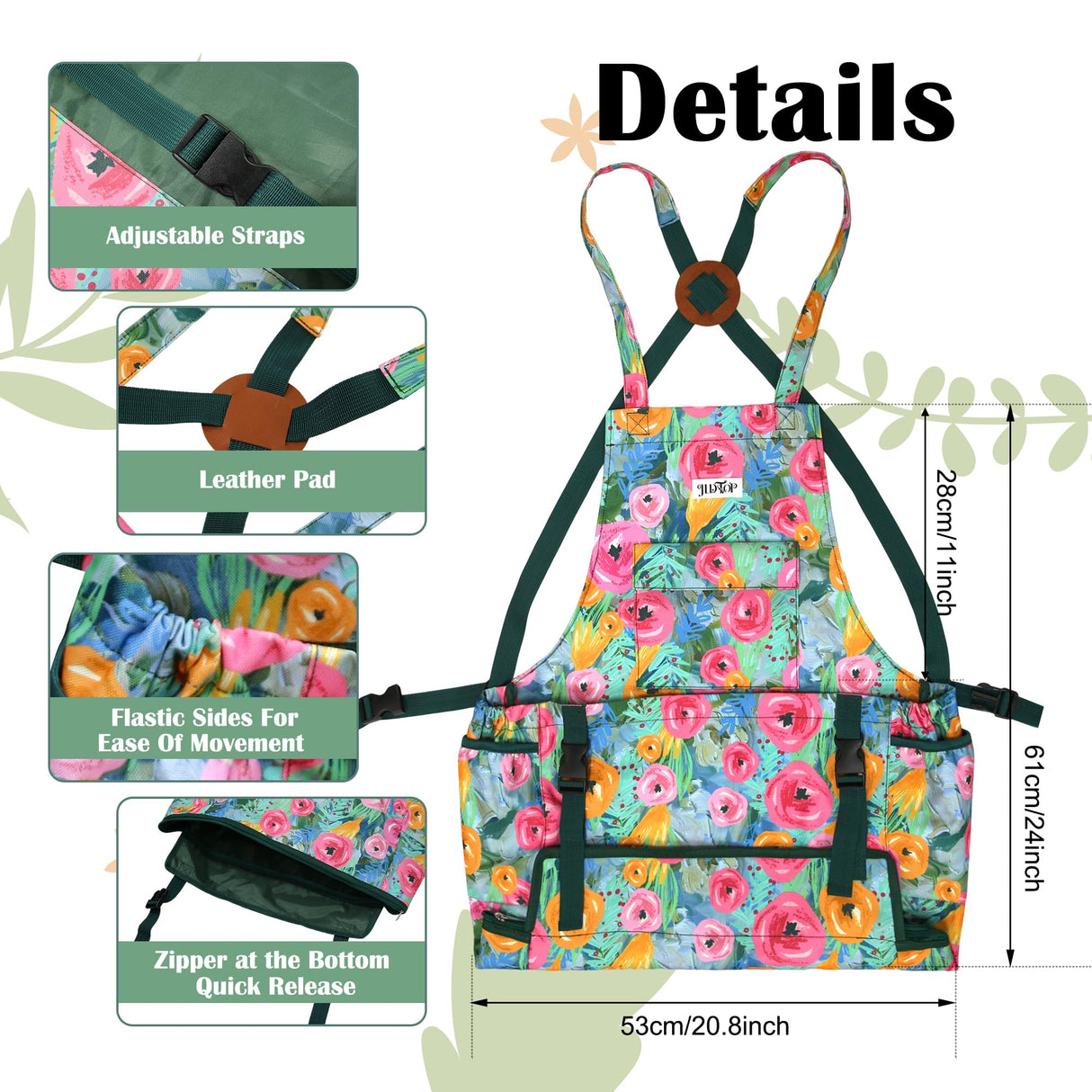 JLDTOP Garden Harvest Apron for Women, Fruit Picking Apron with Quick Release Bottom, Adjustable Cross Back Tool Apron with Pockets, Gardening Gift for Plant Lovers & Gardeners (Green Floral)