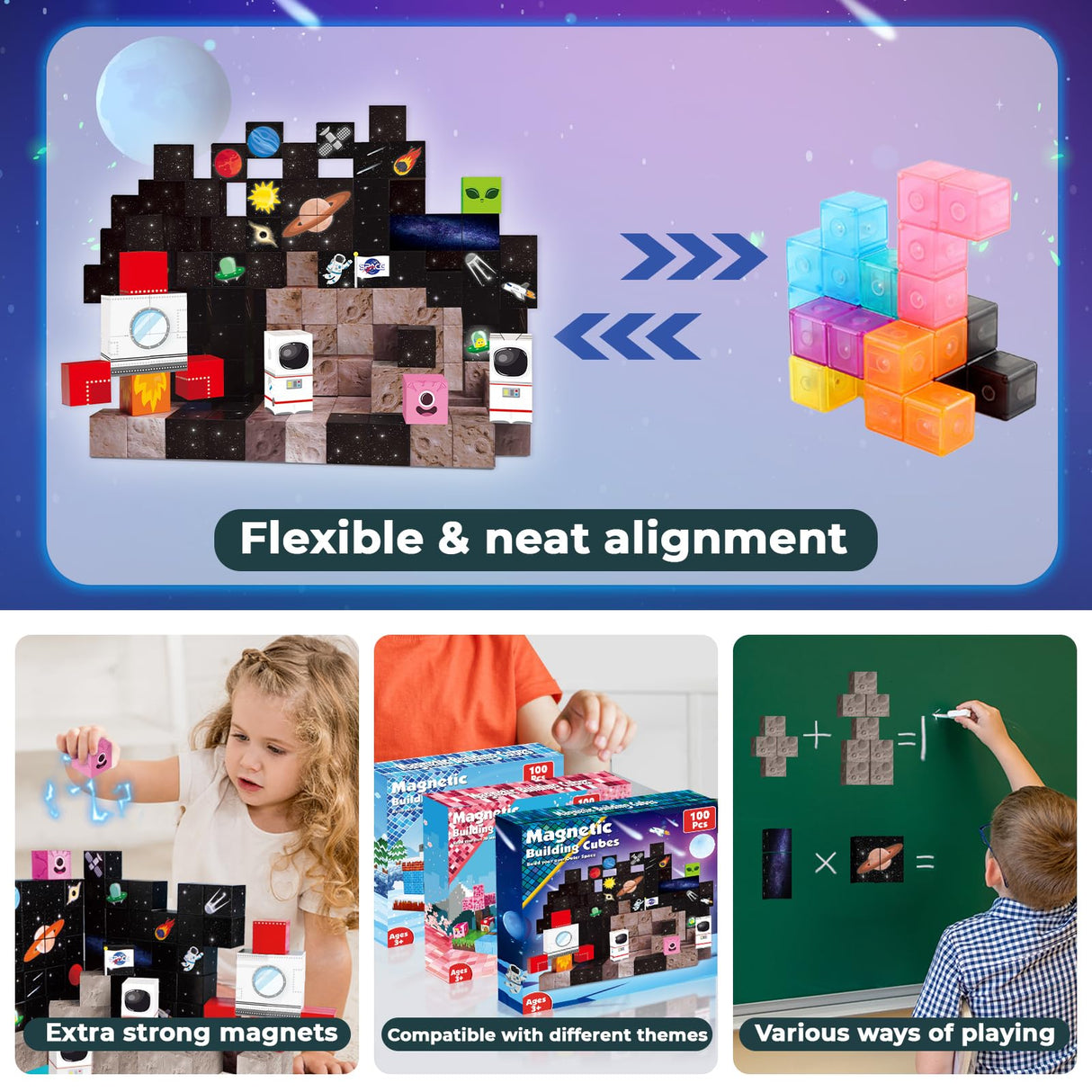 Goody King 100PCS Space Rocket Magnetic Building Blocks |Space Adventure Magnetic Tile Set, STEM Montessori Stacking Toy, Building Playsets for Boys and Girls Ages 3-10,Sensory Tile Christmas