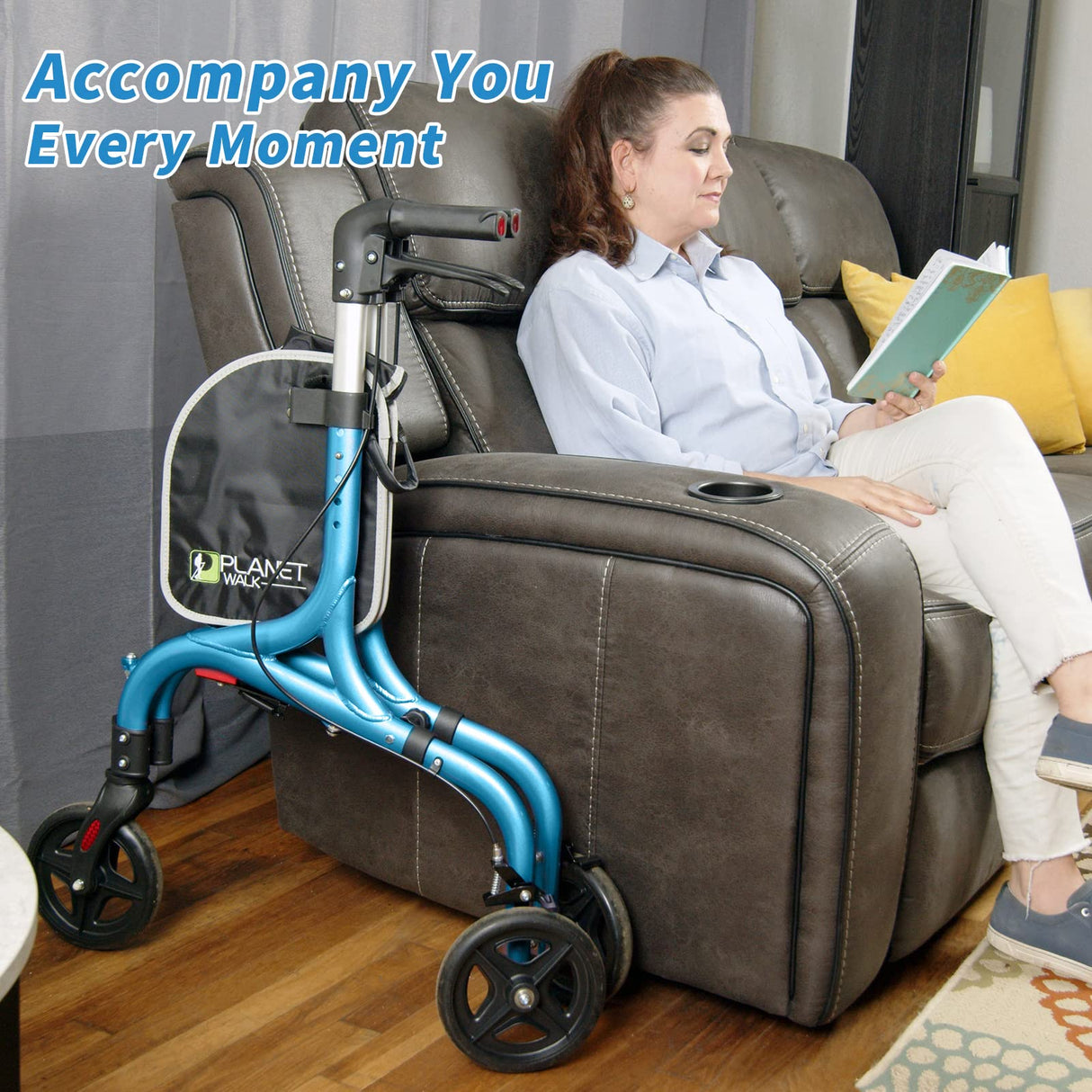 Planetwalk Premium 3 Wheel Rollator Walker for Seniors - Ultra Lightweight Foldable Walker for Elderly, Aluminum Three Wheel Mobility Aid, Brilliant Blue