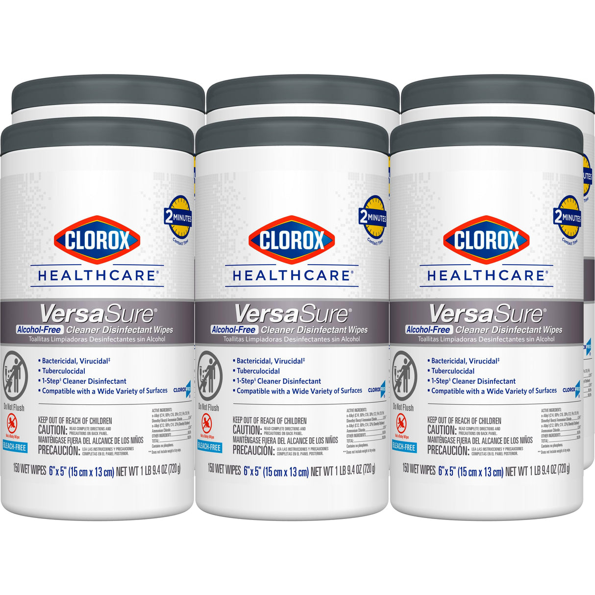 Clorox Healthcare VersaSure Cleaner Disinfectant Wipes, 6" x 5", 150 Count Canister, Pack of 6 (Package May Vary)