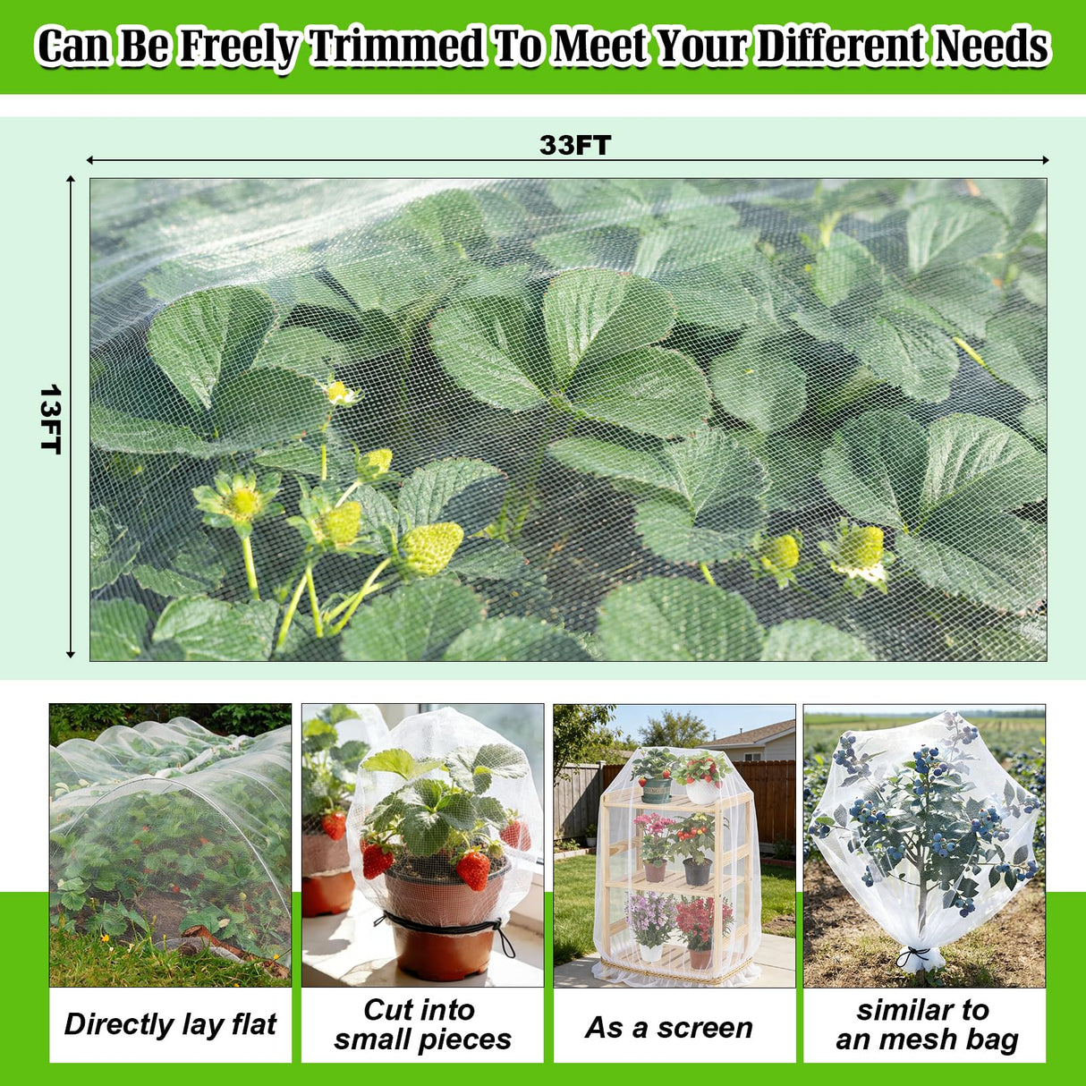 13'x32.8' Garden Netting for Strawberry Plants HDPE Fine Strawberry Bird Netting for Raised Bed Row Cover Screen Mesh Net for Fruit Tree Vegetable Flowers Large Area Garden Protection