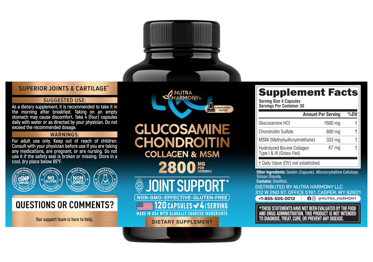 Glucosamine Chondroitin MSM Collagen - Joint Supplements 2800 mg - 120 Caps