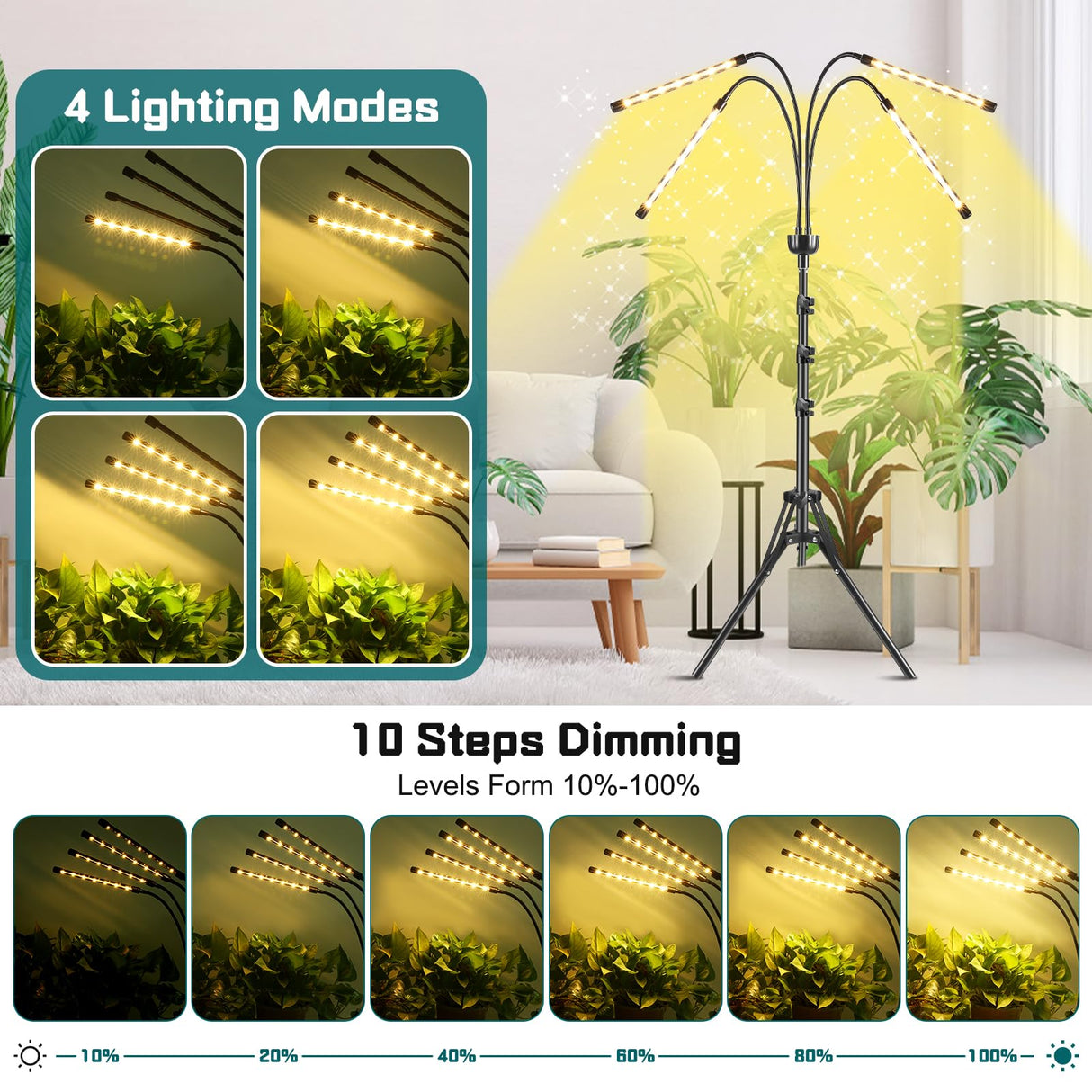 Grow Lights for Indoor Plants Yellow Light with 15-63 inches Adjustable Tripod Stand Plant Light with 4/8/12H Timer with Remote Control