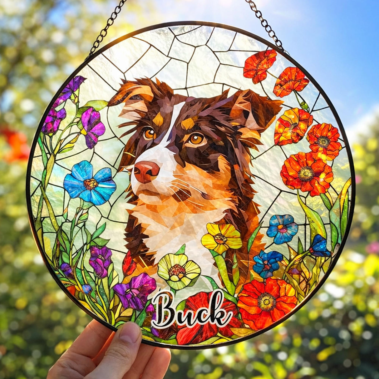Fastpeace Personalized Stained Glass Pet Photo Suncatcher – Custom Pet Portrait Memorial Window Hanging with Flowers, Keepsake Valentines Gift for Dog Lovers, Cat Lovers, Family Home Decor