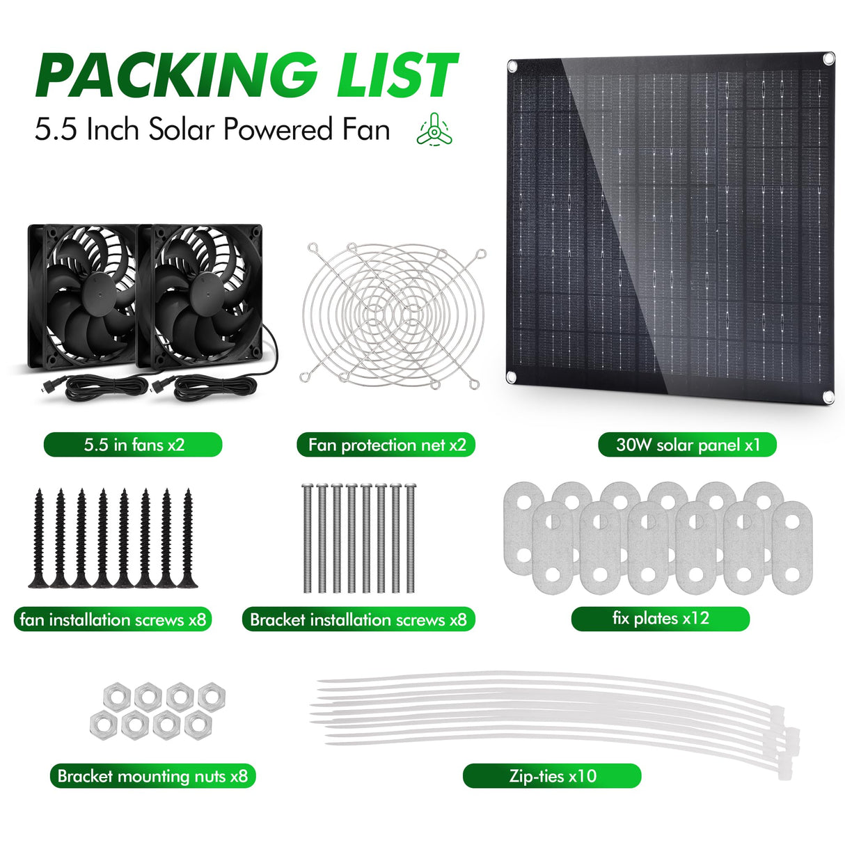 5.5" Solar Fan, Solar Panel Fan, 30W Solar Powered Fan with Dual IPX7 Waterproof Fans for Outside Chicken Coops, Greenhouses, Sheds, Intake or Exhaust Air Fan, Solar Ventilation Fan, Solar Exhaust Fan