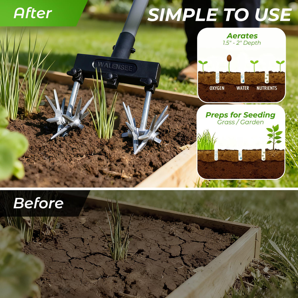 Walensee Rotary Cultivator, Adjustable Hand Tiller for Soil Clod Breaking