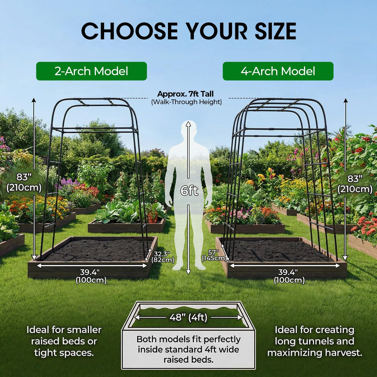 Garden Arch Trellis for Climbing Plants, 83" High Metal Cucumber Trellis & Tomato Cage, Rustproof Steel Tunnel Support for Squash, Pumpkin, Vegetables with Screw Fixation (32.3" L x 39.4" W)