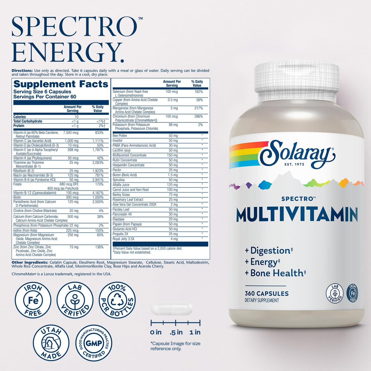 SOLARAY Spectro Multivitamin, Iron Free - Multi Vitamin w/Calcium, Magnesium, Energizing Greens, Digestive Enzymes - Digestion, Cellular Energy, Bone Health, Immune Support, 60 Servings, 360 Capsules